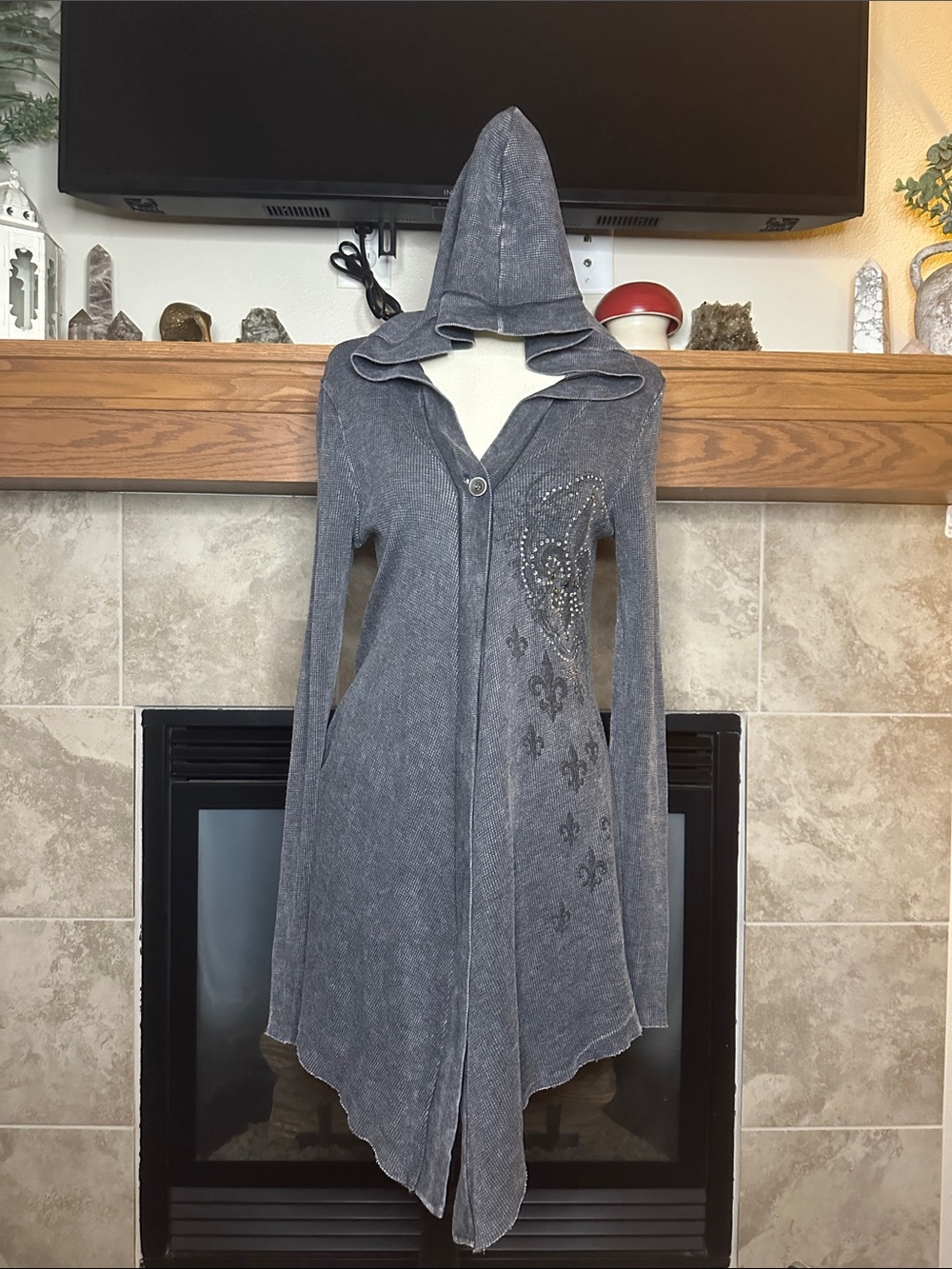 MGM Goth Y2K Gray Hooded Rhinestone Fleur-de-Lis Waffle Knit Cardigan Size L